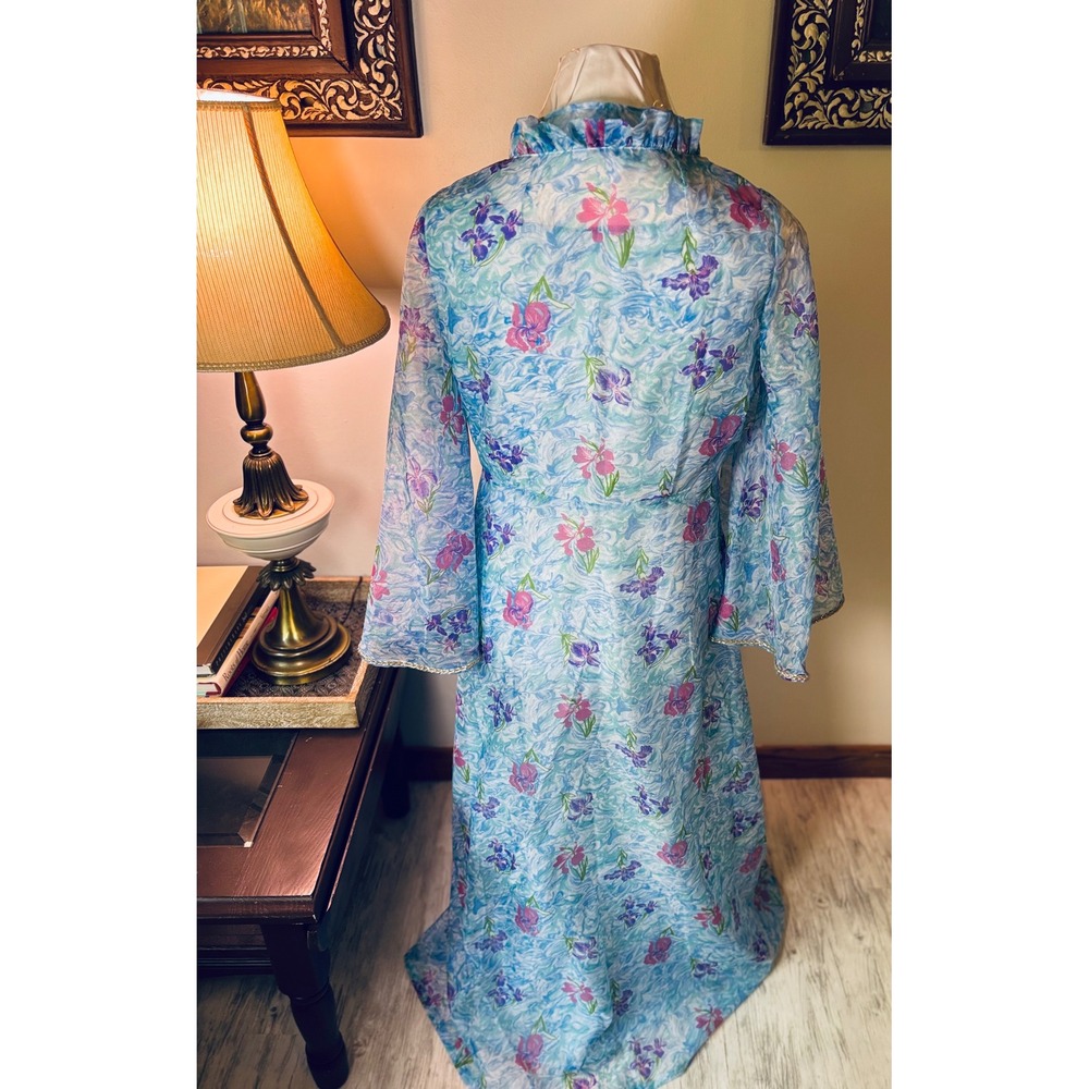 Vintage‎ 60s Mad Men flower Dress Set, Sheer Layered Gown Bell Sleeve S/M - Picture 13 of 16